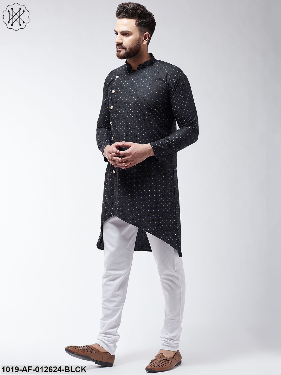 Men's Cotton Blend Black Printed Assymetric Kurta & White Churidar Pyjama Set
