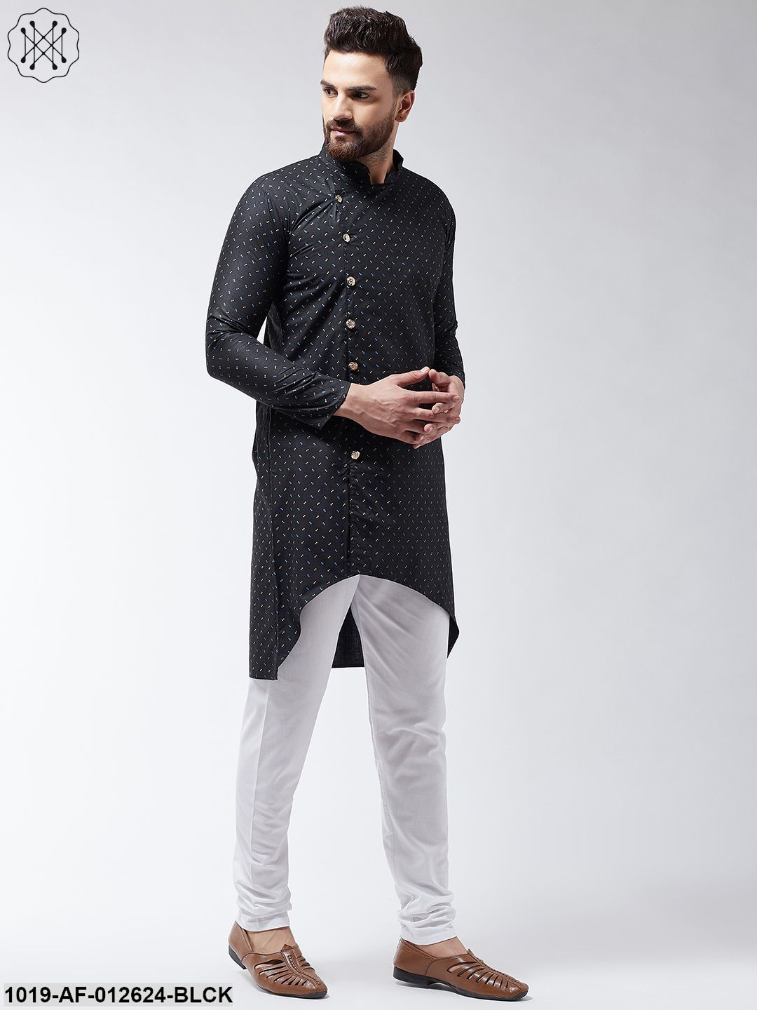 Men's Cotton Blend Black Printed Assymetric Kurta & White Churidar Pyjama Set