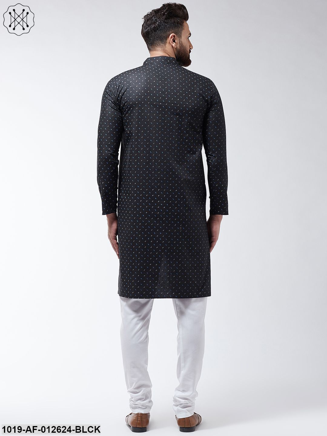 Men's Cotton Blend Black Printed Assymetric Kurta & White Churidar Pyjama Set