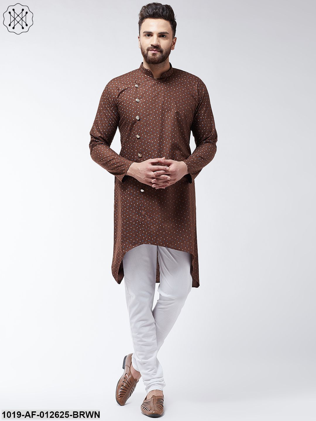 Men's Cotton Blend Brown Printed Assymetric Kurta & White Churidar Pyjama Set