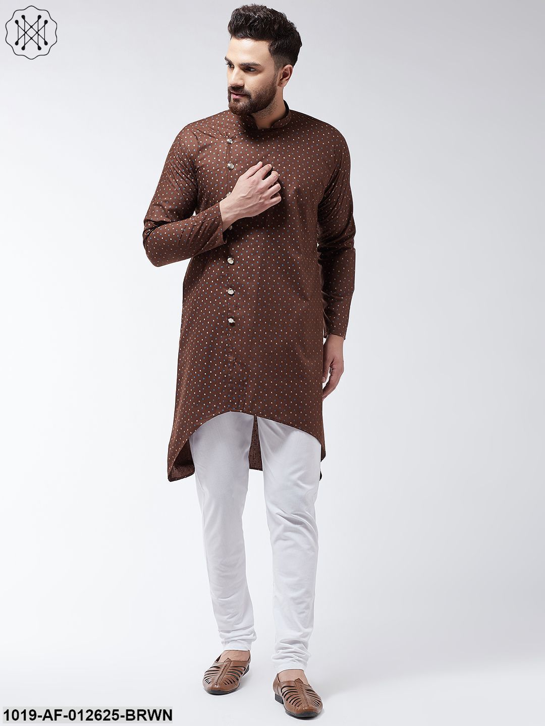 Men's Cotton Blend Brown Printed Assymetric Kurta & White Churidar Pyjama Set