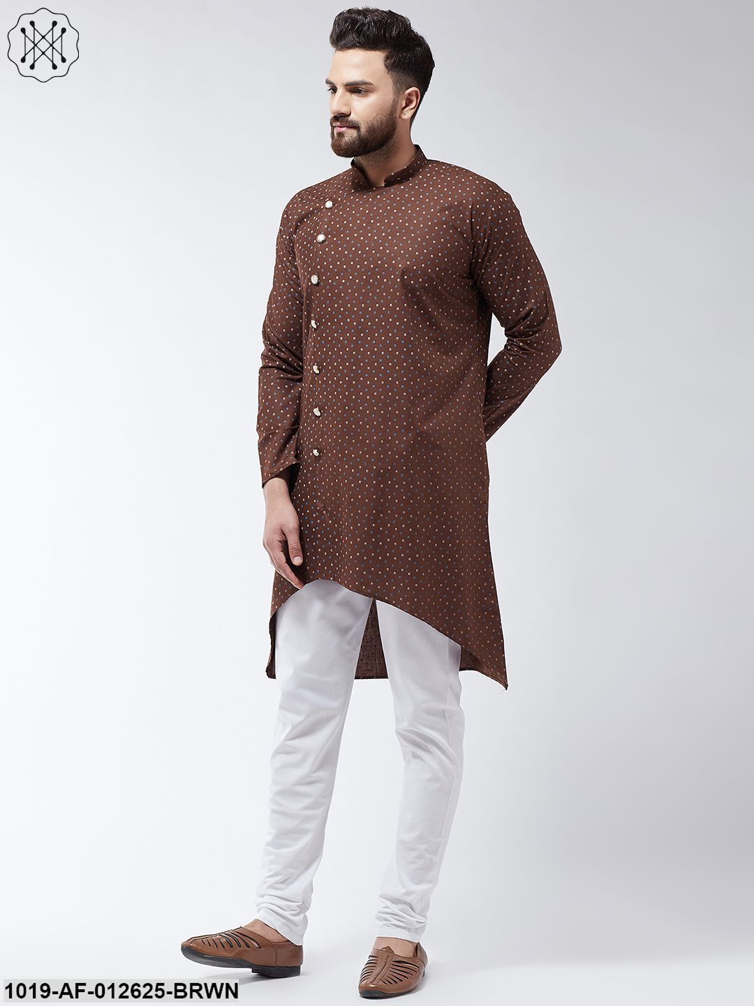 Men's Cotton Blend Brown Printed Assymetric Kurta & White Churidar Pyjama Set
