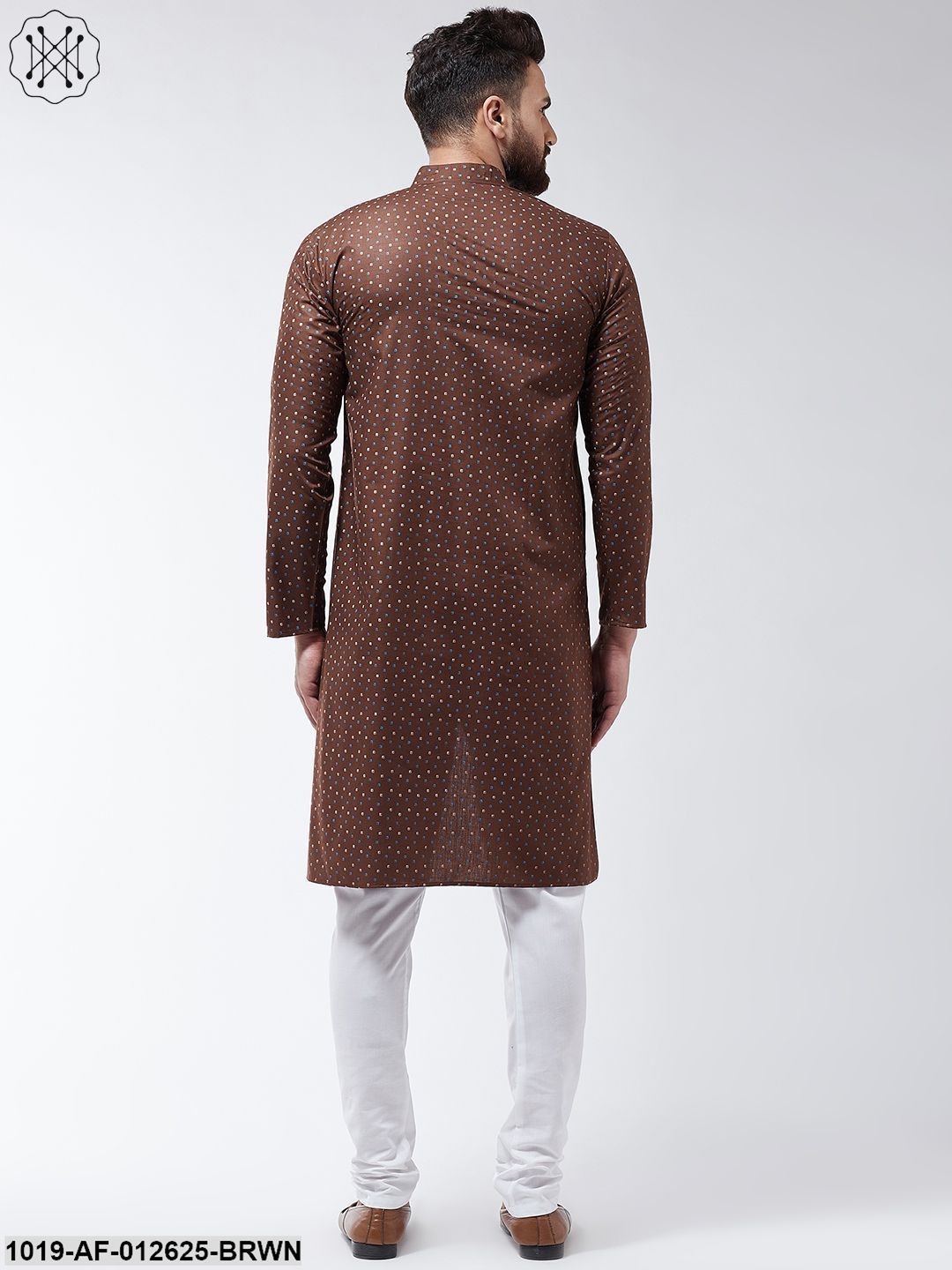 Men's Cotton Blend Brown Printed Assymetric Kurta & White Churidar Pyjama Set