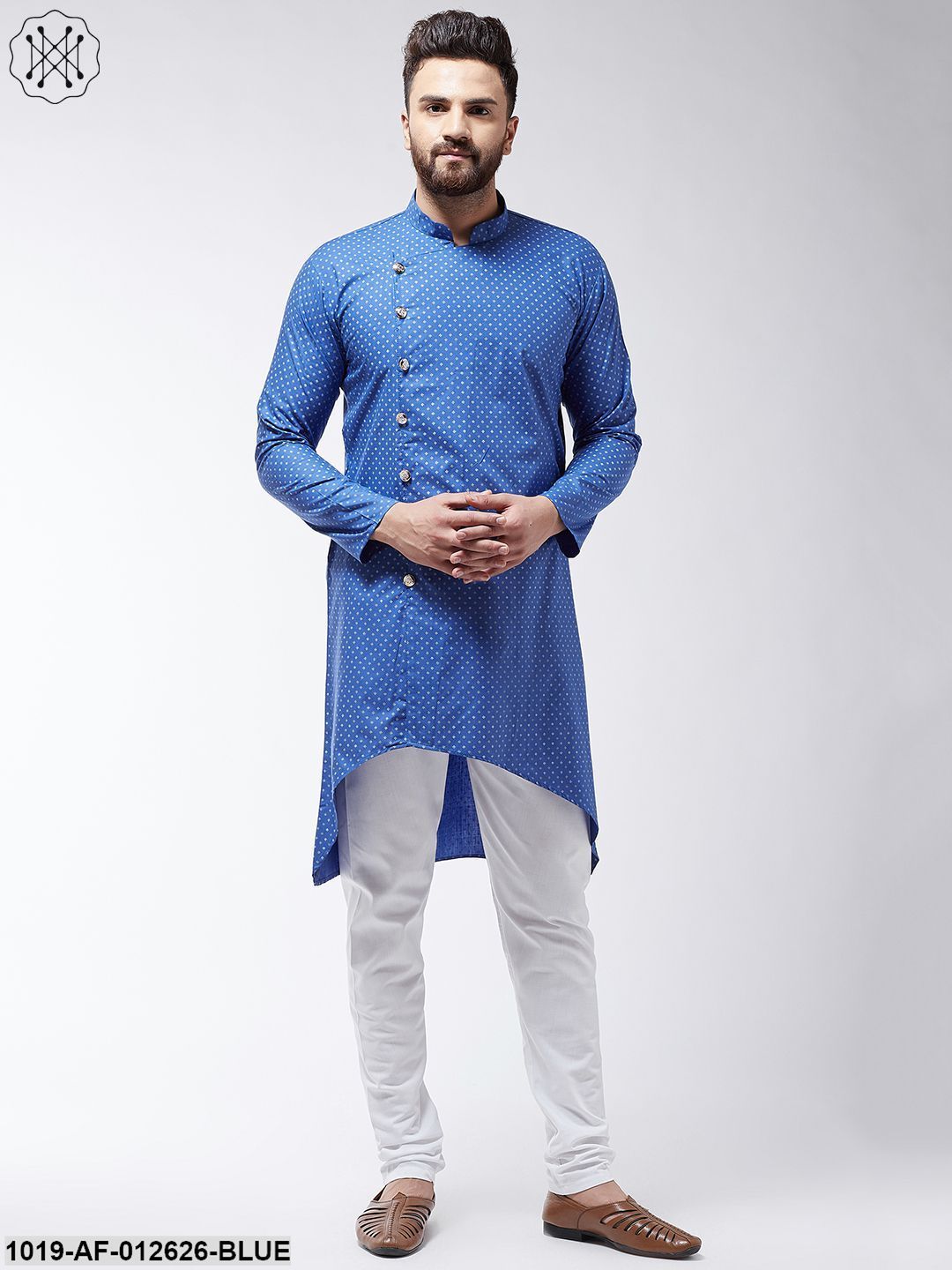 Men's Cotton Blend Blue Printed Assymetric Kurta & White Churidar Pyjama Set