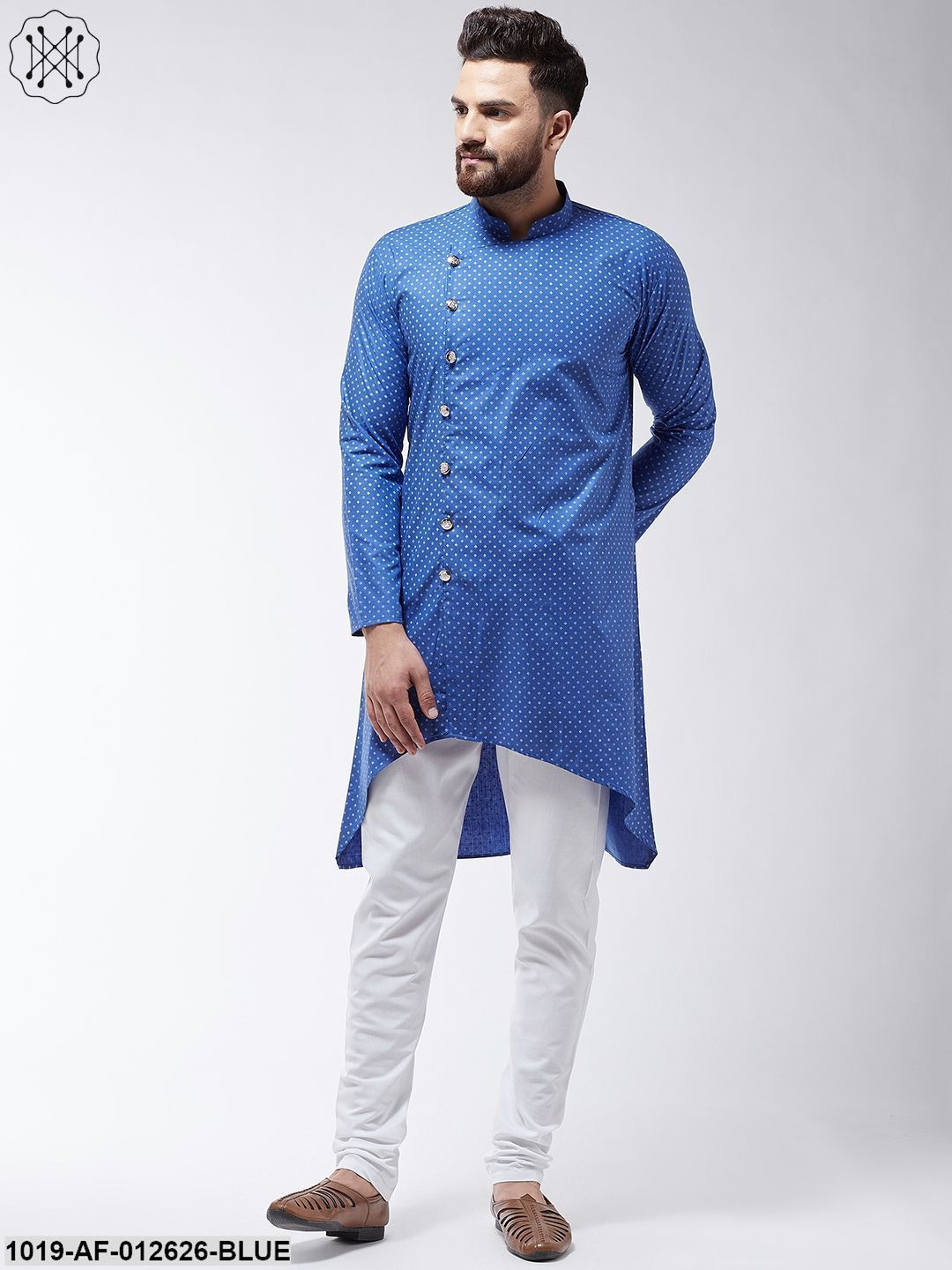 Men's Cotton Blend Blue Printed Assymetric Kurta & White Churidar Pyjama Set