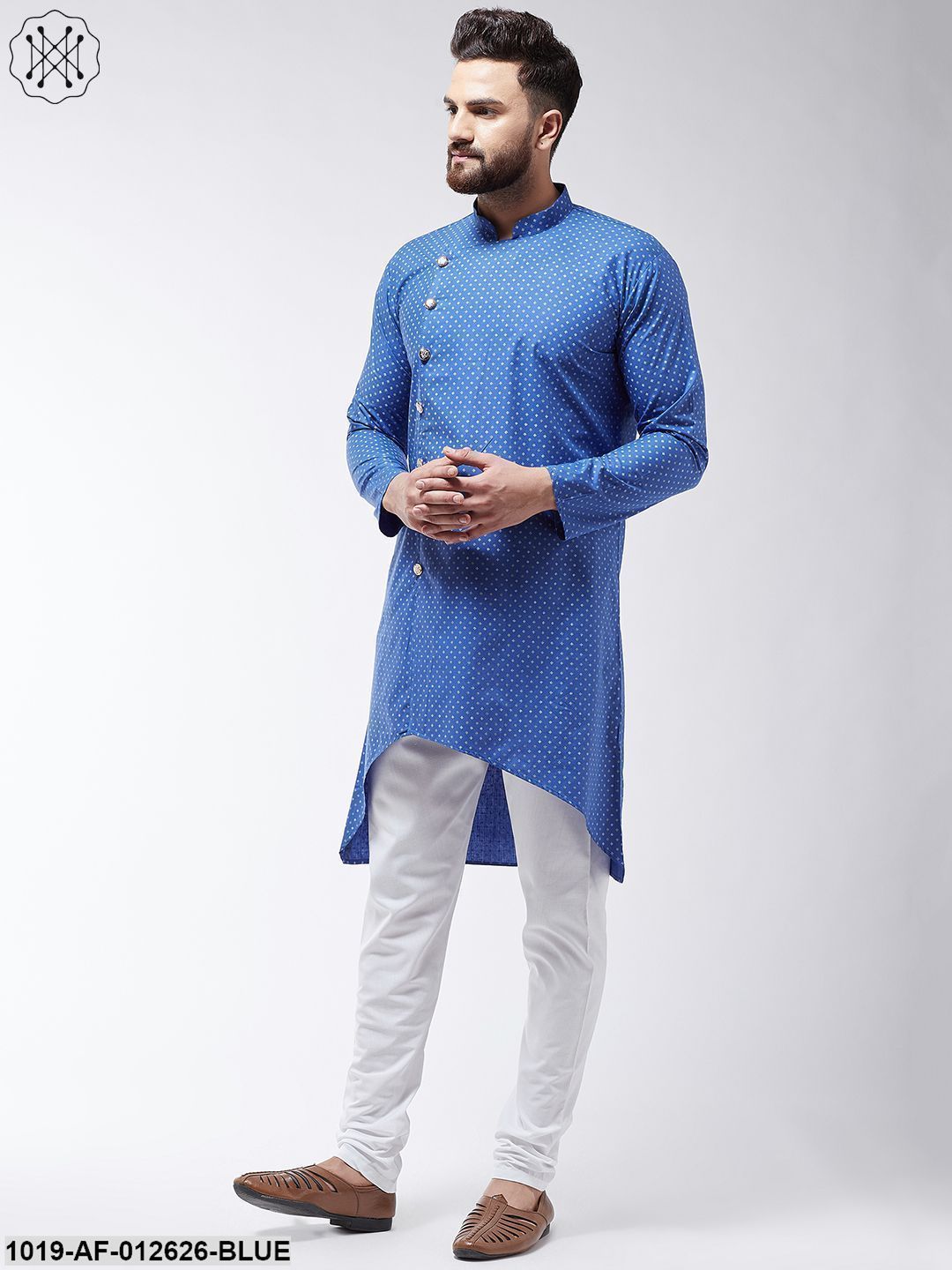 Men's Cotton Blend Blue Printed Assymetric Kurta & White Churidar Pyjama Set