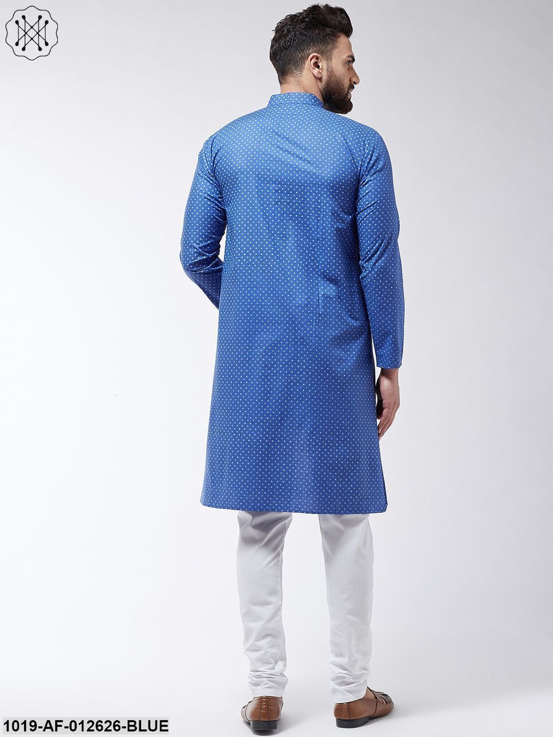 Men's Cotton Blend Blue Printed Assymetric Kurta & White Churidar Pyjama Set