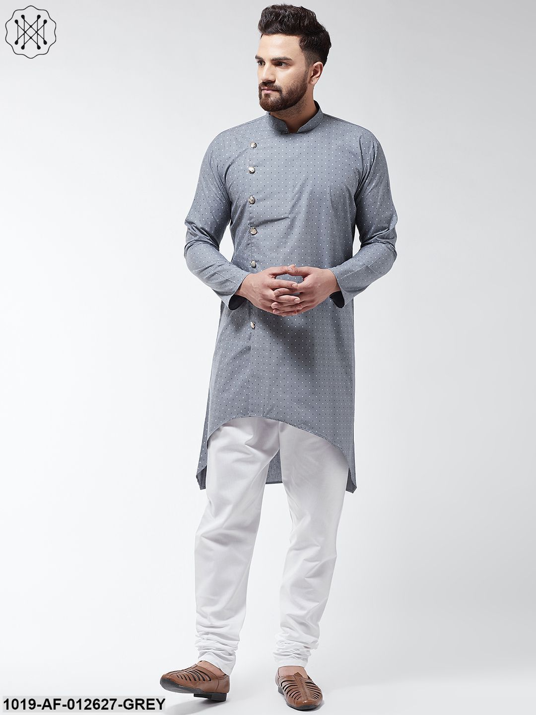 Men's Cotton Blend Grey Printed Assymetric Kurta & White Churidar Pyjama Set