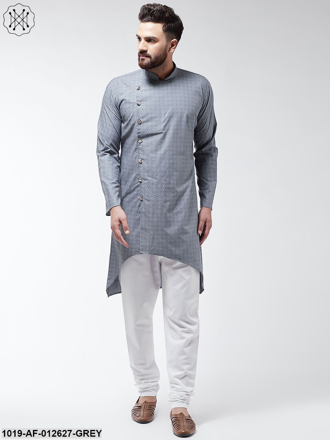 Men's Cotton Blend Grey Printed Assymetric Kurta & White Churidar Pyjama Set