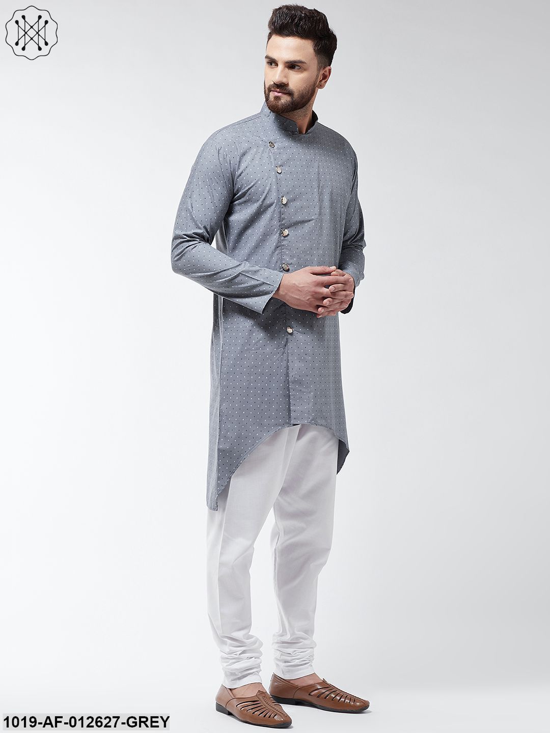 Men's Cotton Blend Grey Printed Assymetric Kurta & White Churidar Pyjama Set