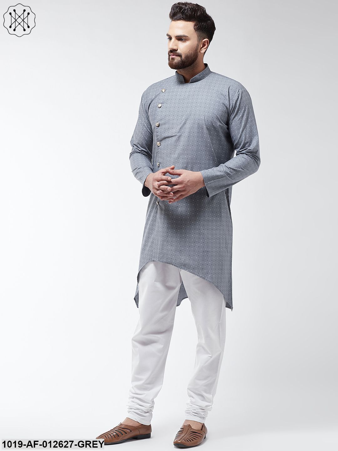 Men's Cotton Blend Grey Printed Assymetric Kurta & White Churidar Pyjama Set
