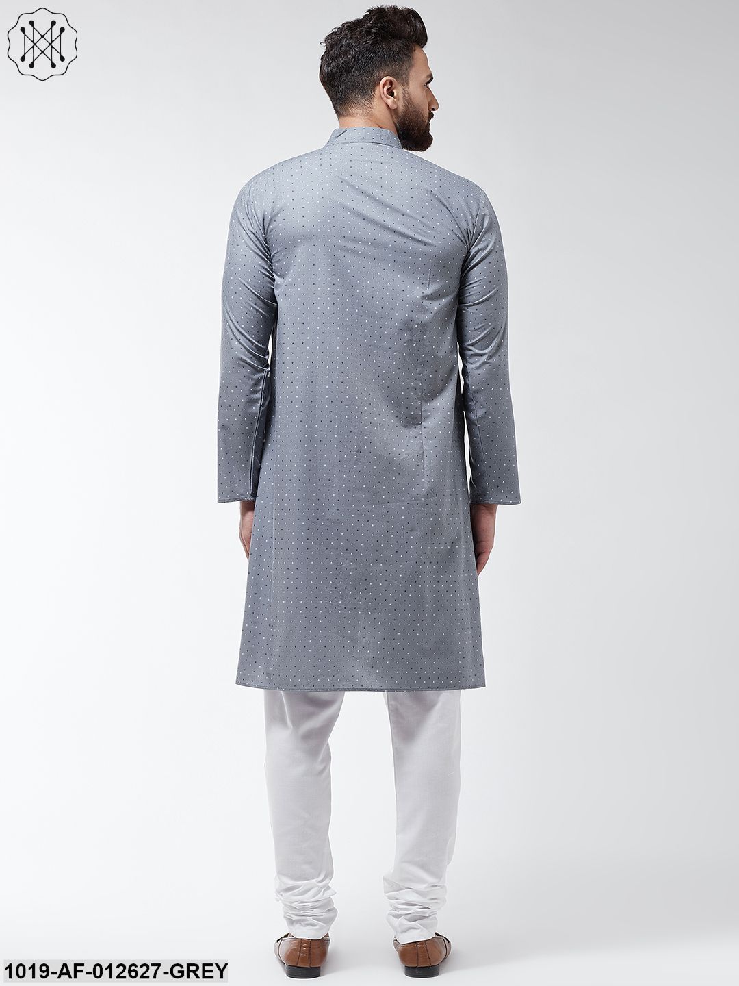 Men's Cotton Blend Grey Printed Assymetric Kurta & White Churidar Pyjama Set