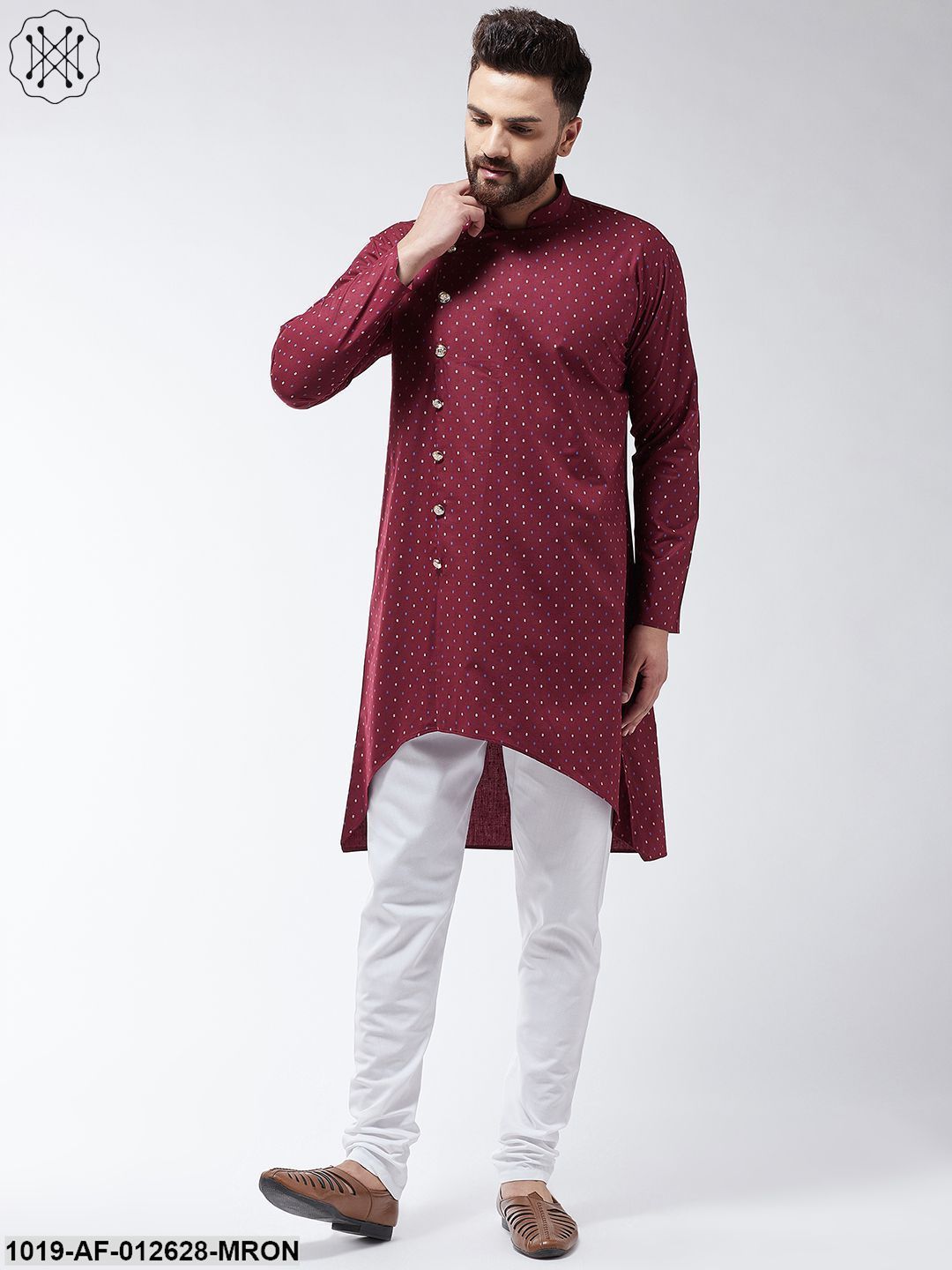 Men's Cotton Blend Maroon Printed Assymetric Kurta & White Churidar Pyjama Set