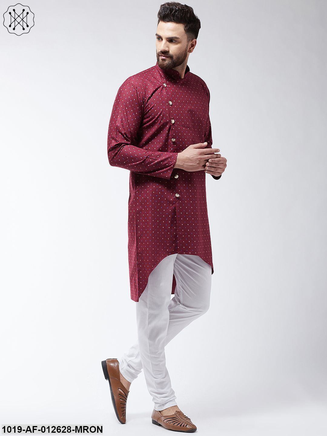 Men's Cotton Blend Maroon Printed Assymetric Kurta & White Churidar Pyjama Set