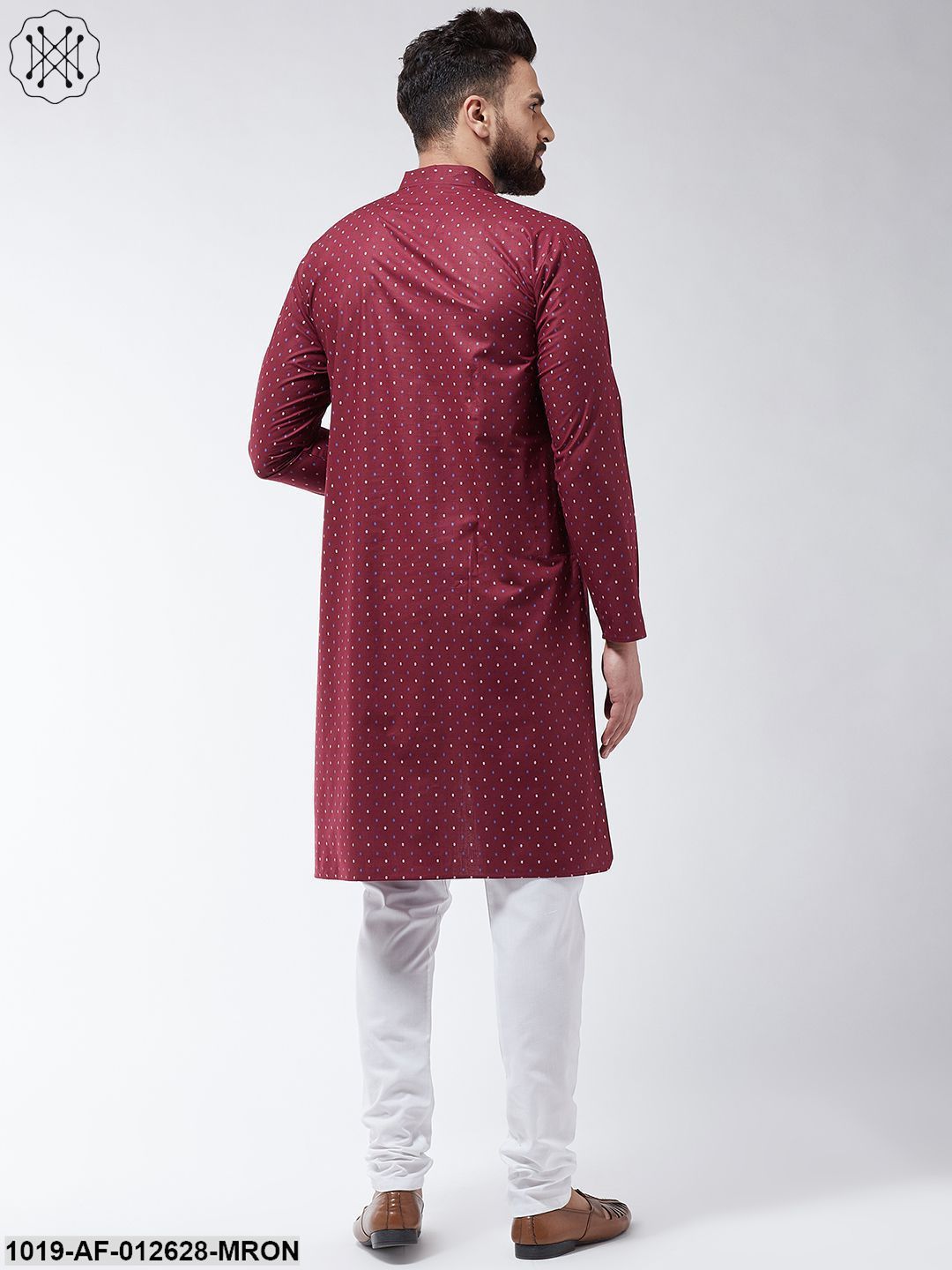 Men's Cotton Blend Maroon Printed Assymetric Kurta & White Churidar Pyjama Set