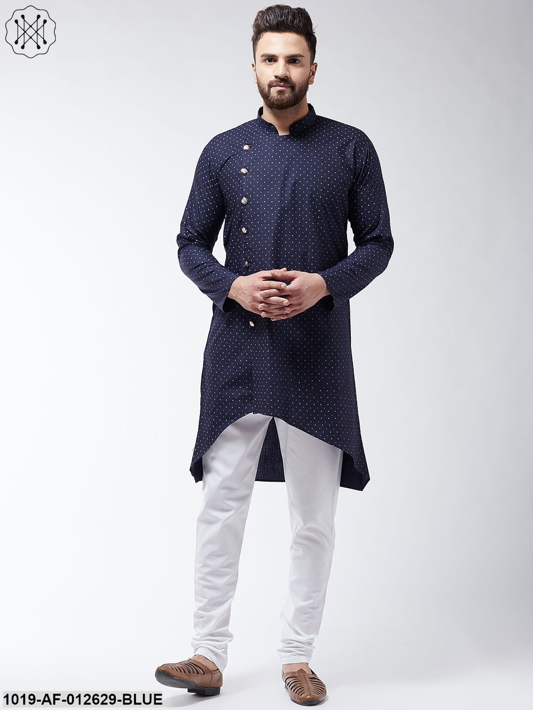 Men's Cotton Blend Navyblue Printed Assymetric Kurta & White Pyjama Set