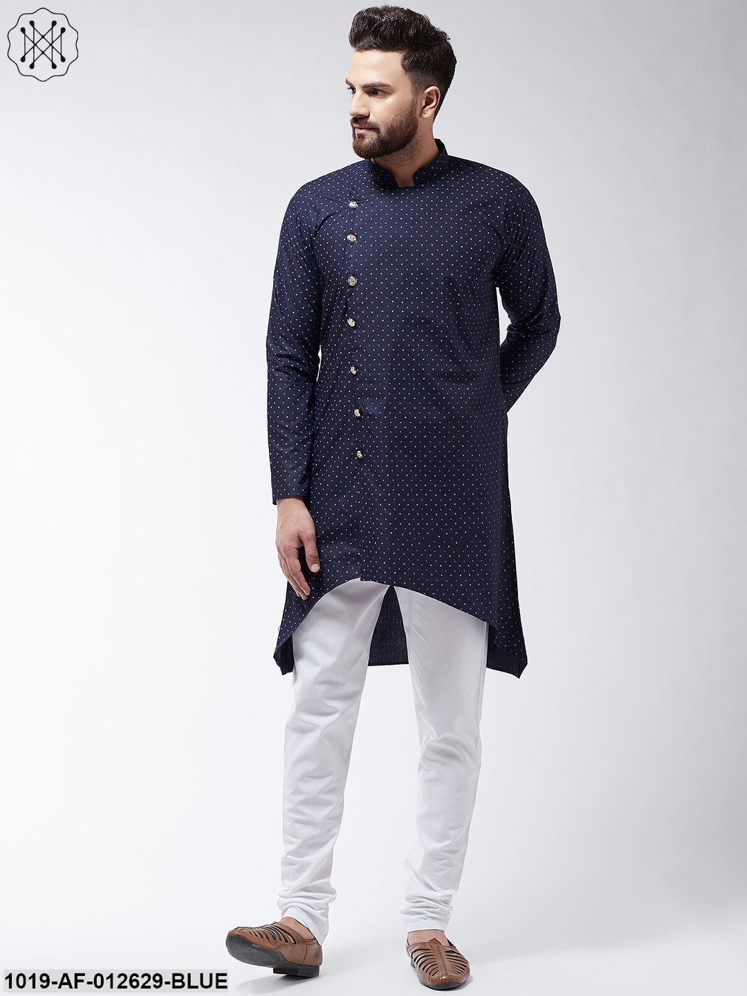 Men's Cotton Blend Navyblue Printed Assymetric Kurta & White Pyjama Set