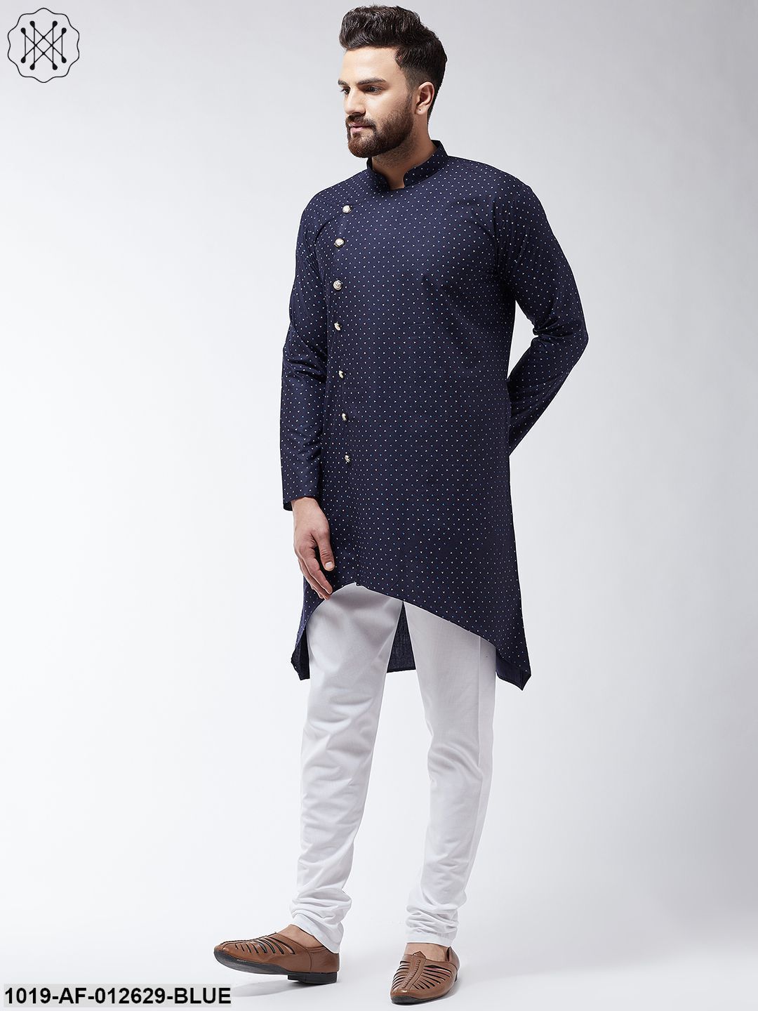 Men's Cotton Blend Navyblue Printed Assymetric Kurta & White Pyjama Set