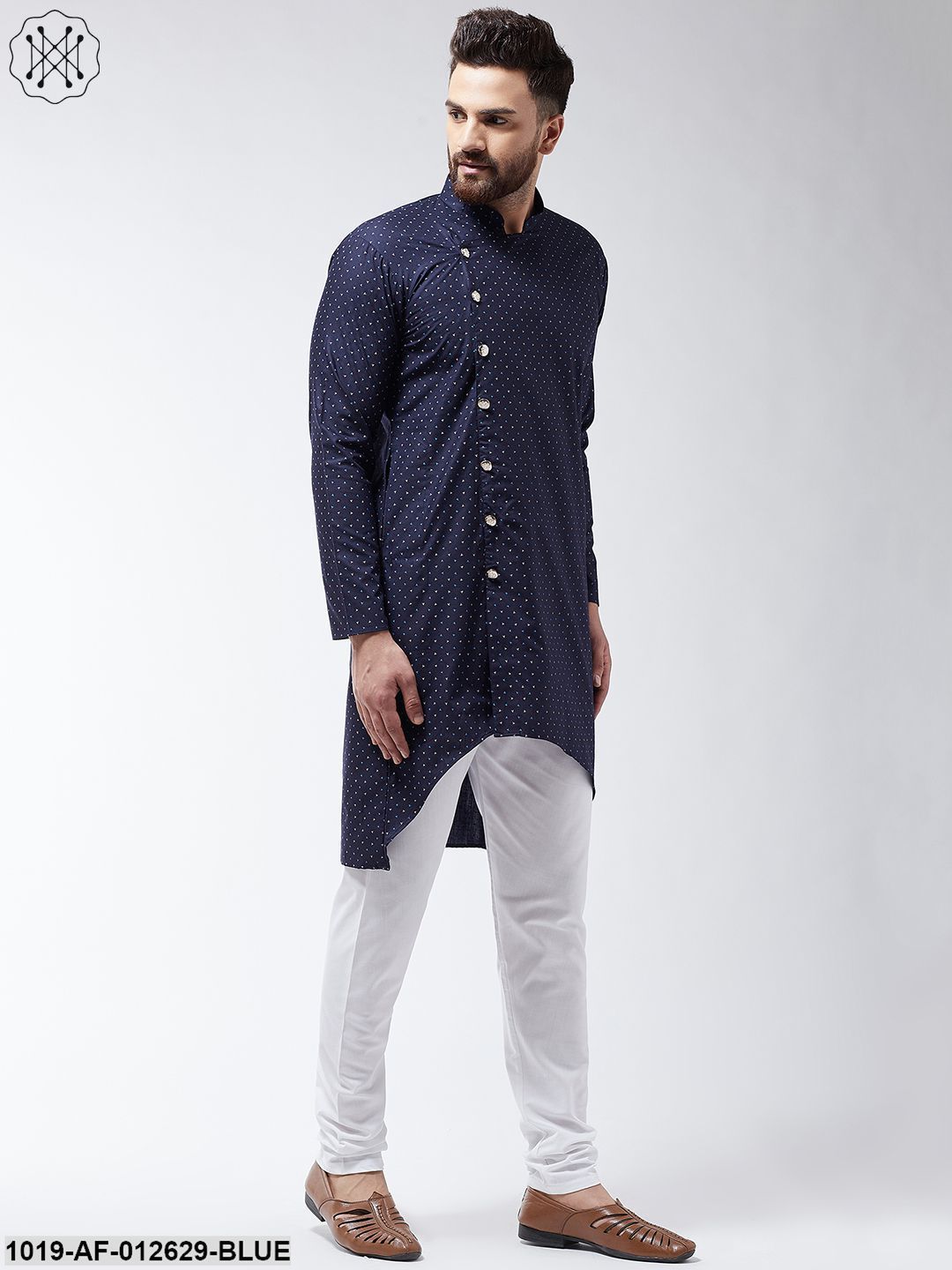 Men's Cotton Blend Navyblue Printed Assymetric Kurta & White Pyjama Set