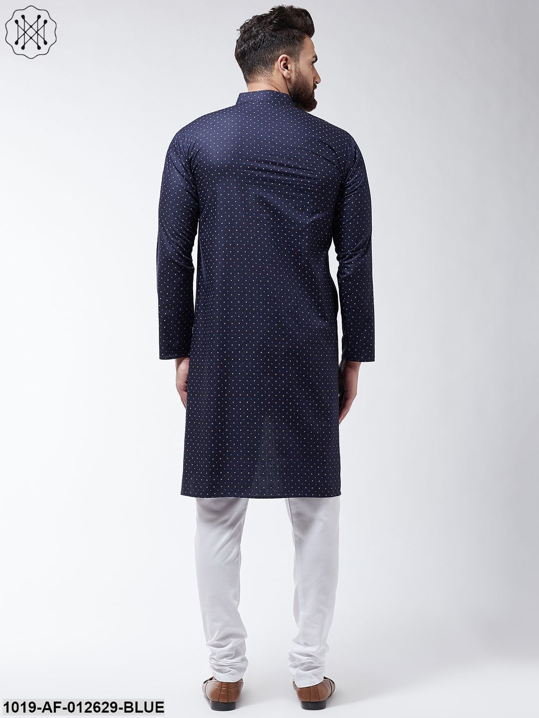 Men's Cotton Blend Navyblue Printed Assymetric Kurta & White Pyjama Set