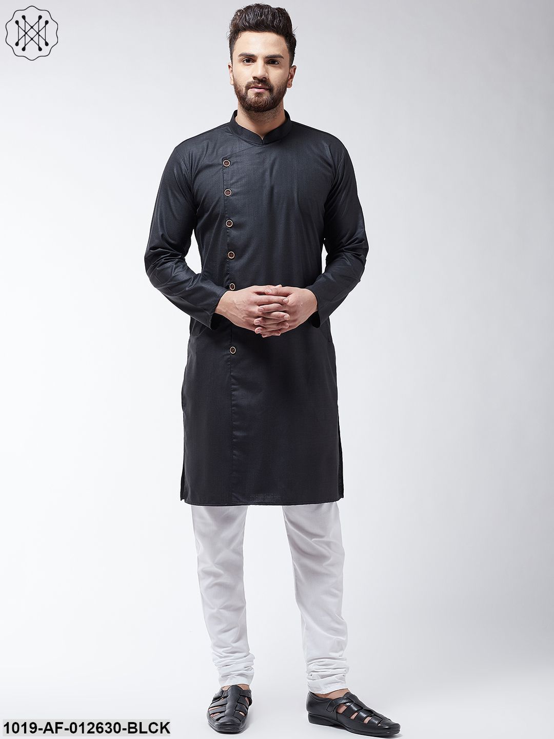 Men's Cotton Black Solid Kurta & White Churidar Pyjama Set