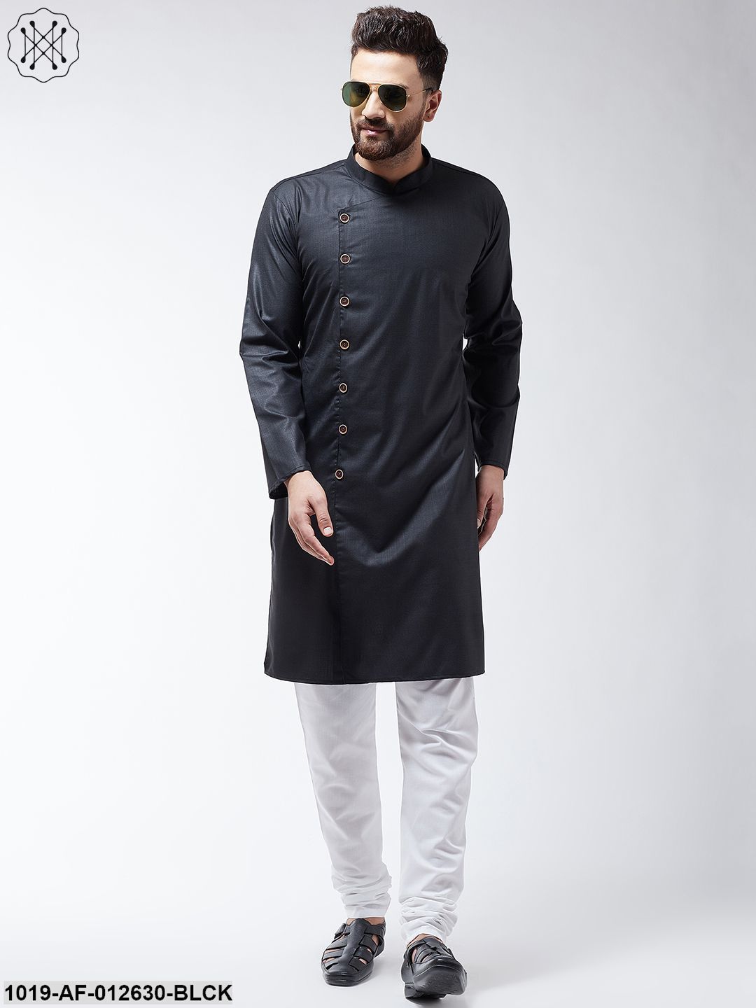 Men's Cotton Black Solid Kurta & White Churidar Pyjama Set