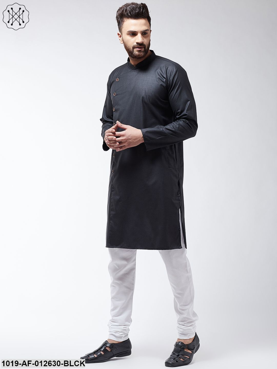 Men's Cotton Black Solid Kurta & White Churidar Pyjama Set