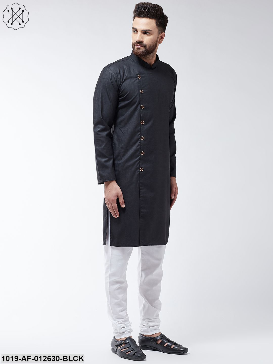 Men's Cotton Black Solid Kurta & White Churidar Pyjama Set