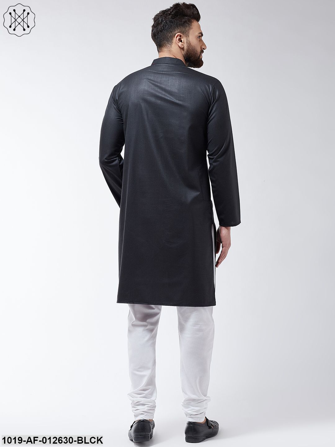 Men's Cotton Black Solid Kurta & White Churidar Pyjama Set