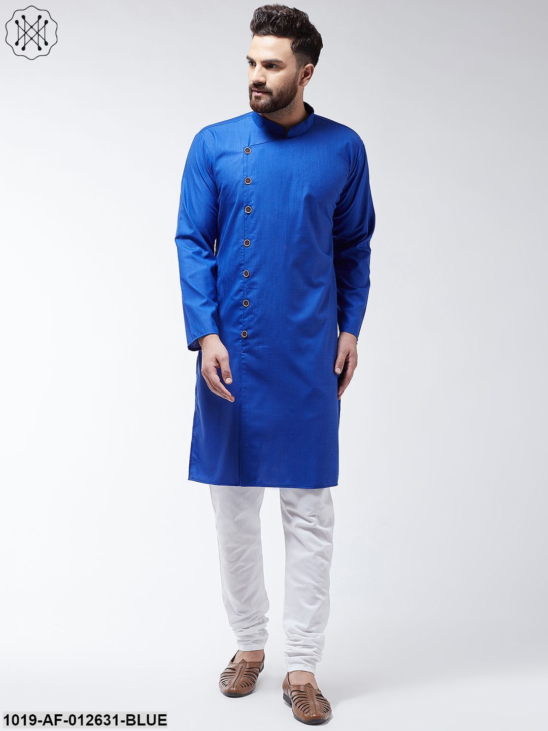 Men's Cotton Royal Blue Solid Kurta & White Churidar Pyjama Set