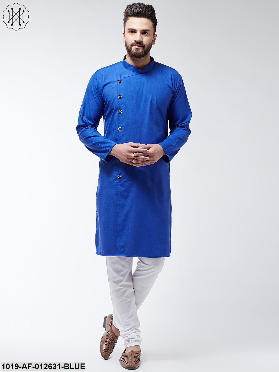 Men's Cotton Royal Blue Solid Kurta & White Churidar Pyjama Set