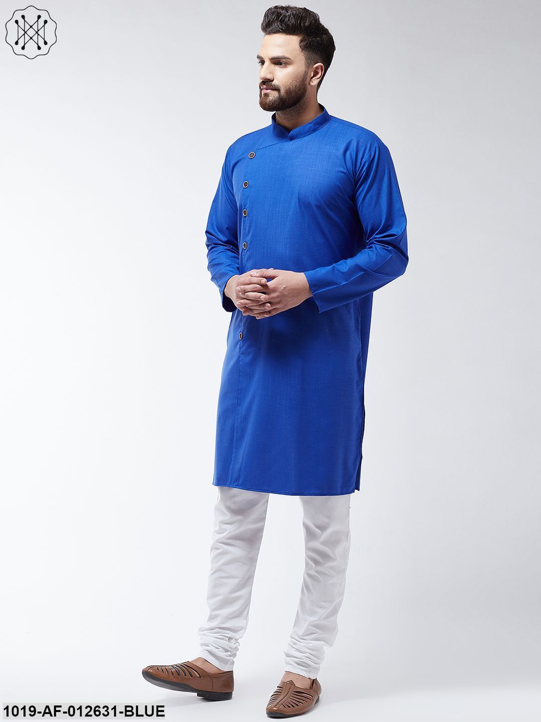 Men's Cotton Royal Blue Solid Kurta & White Churidar Pyjama Set
