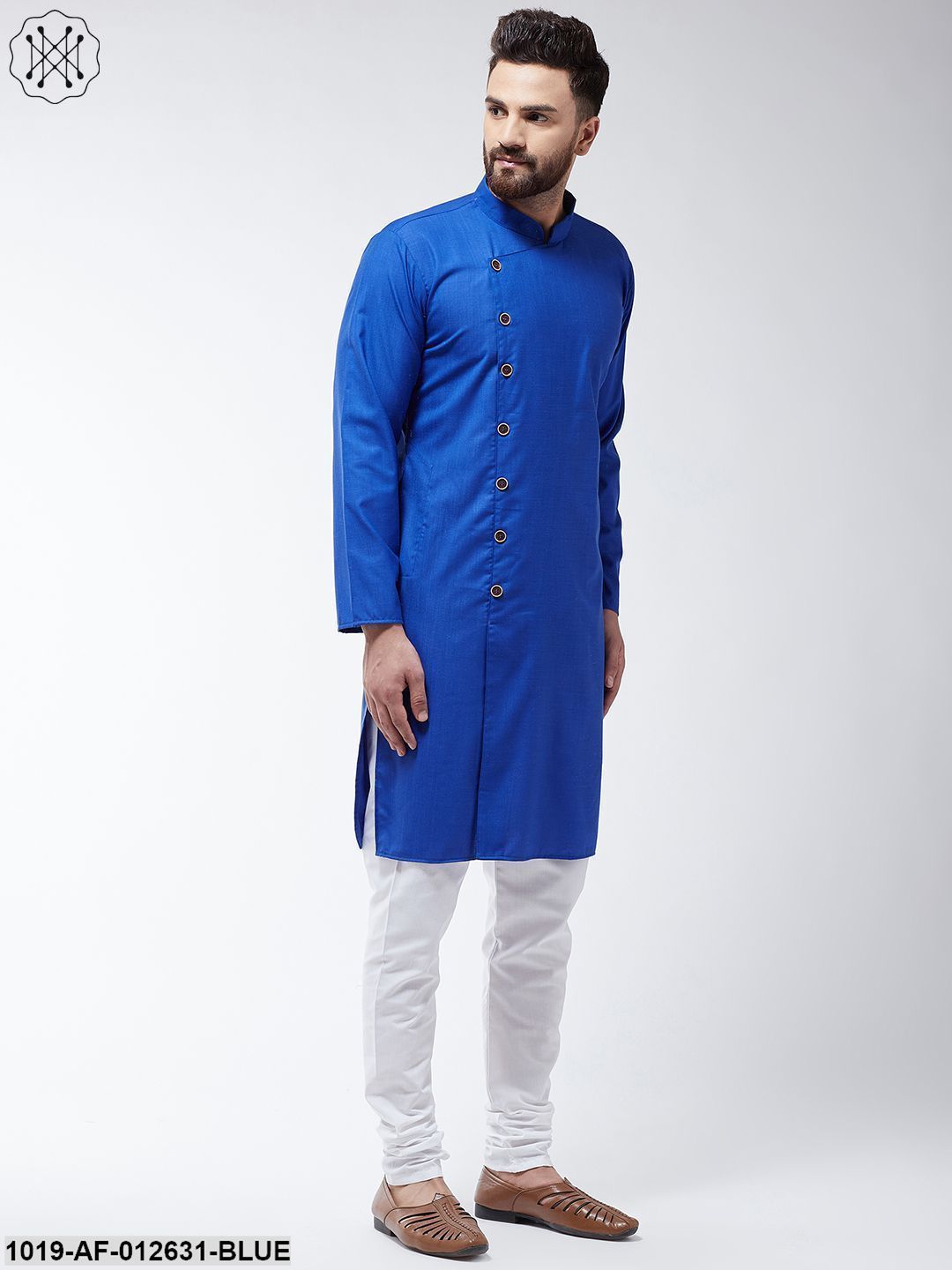 Men's Cotton Royal Blue Solid Kurta & White Churidar Pyjama Set
