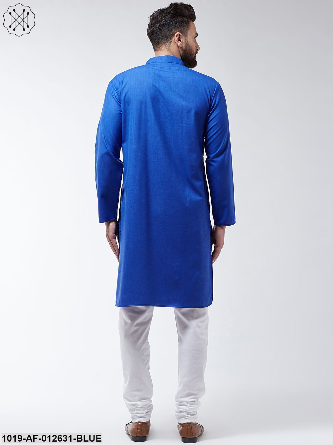 Men's Cotton Royal Blue Solid Kurta & White Churidar Pyjama Set