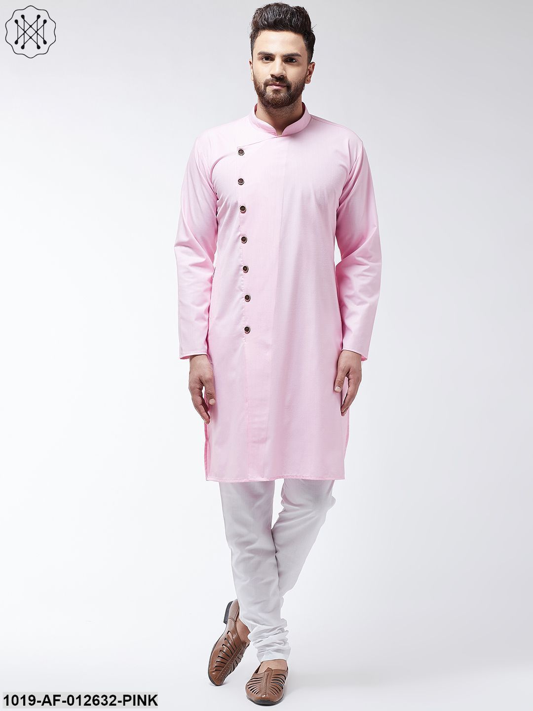 Men's Cotton Pink Solid Kurta & White Churidar Pyjama Set