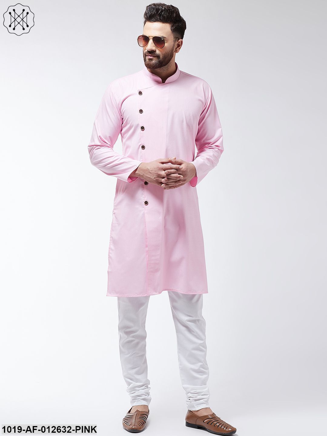 Men's Cotton Pink Solid Kurta & White Churidar Pyjama Set
