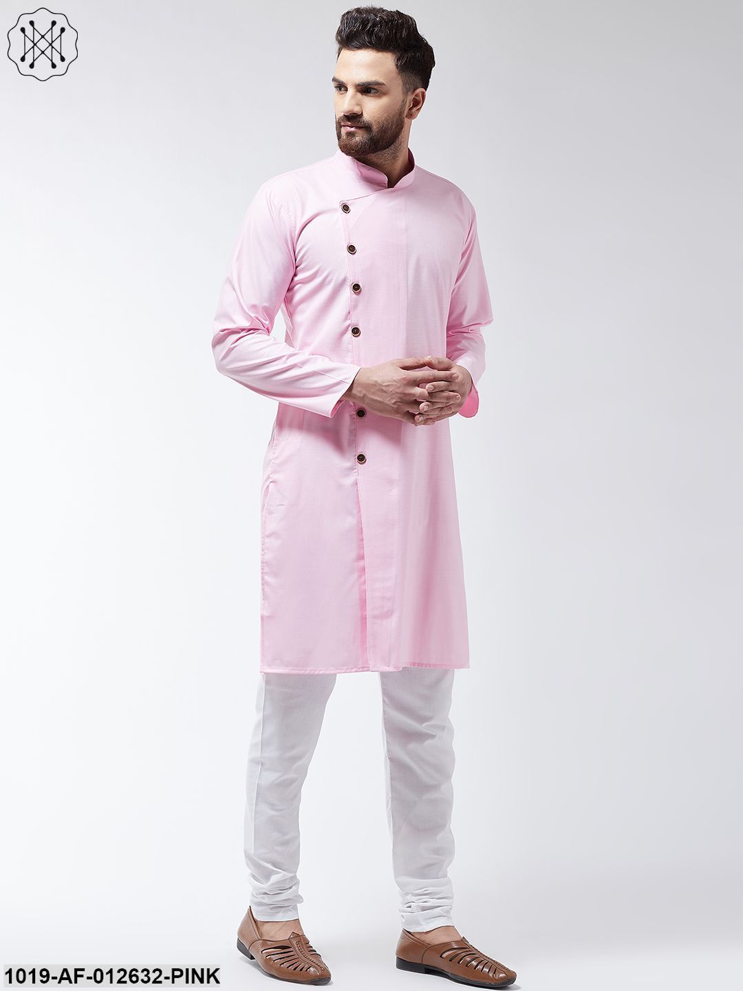 Men's Cotton Pink Solid Kurta & White Churidar Pyjama Set