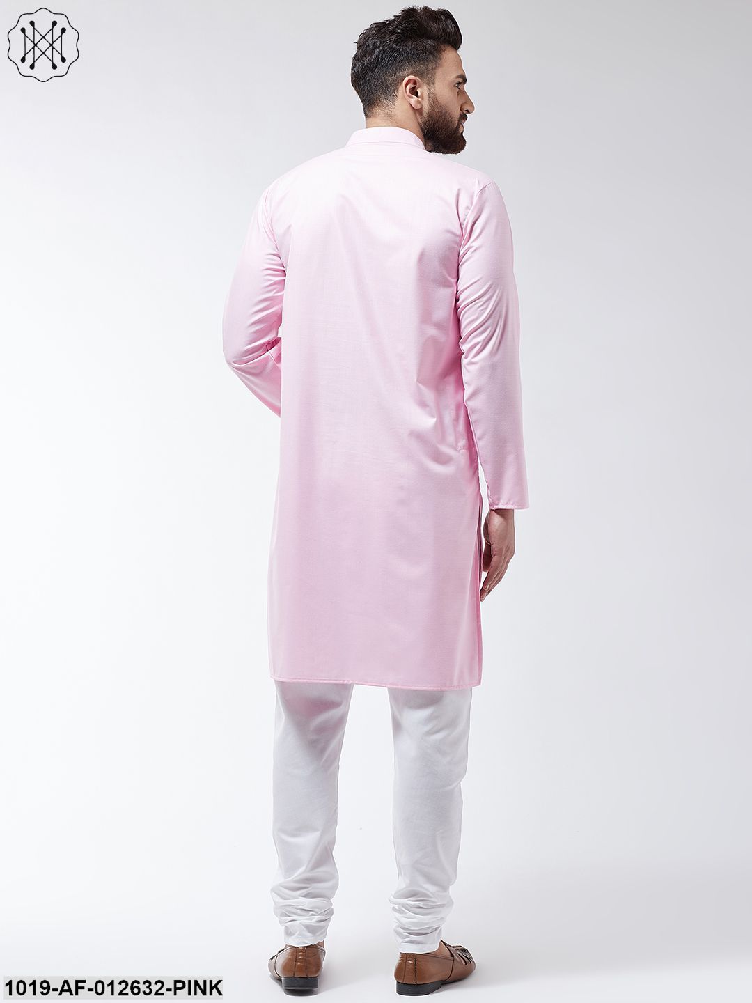 Men's Cotton Pink Solid Kurta & White Churidar Pyjama Set