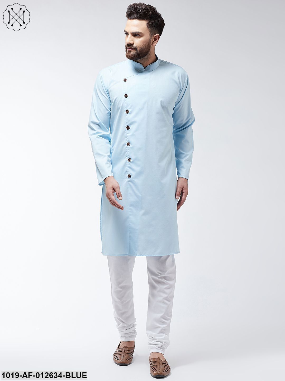 Men's Cotton Sky Blue Solid Kurta & White Churidar Pyjama Set