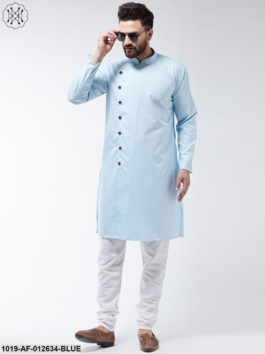 Men's Cotton Sky Blue Solid Kurta & White Churidar Pyjama Set