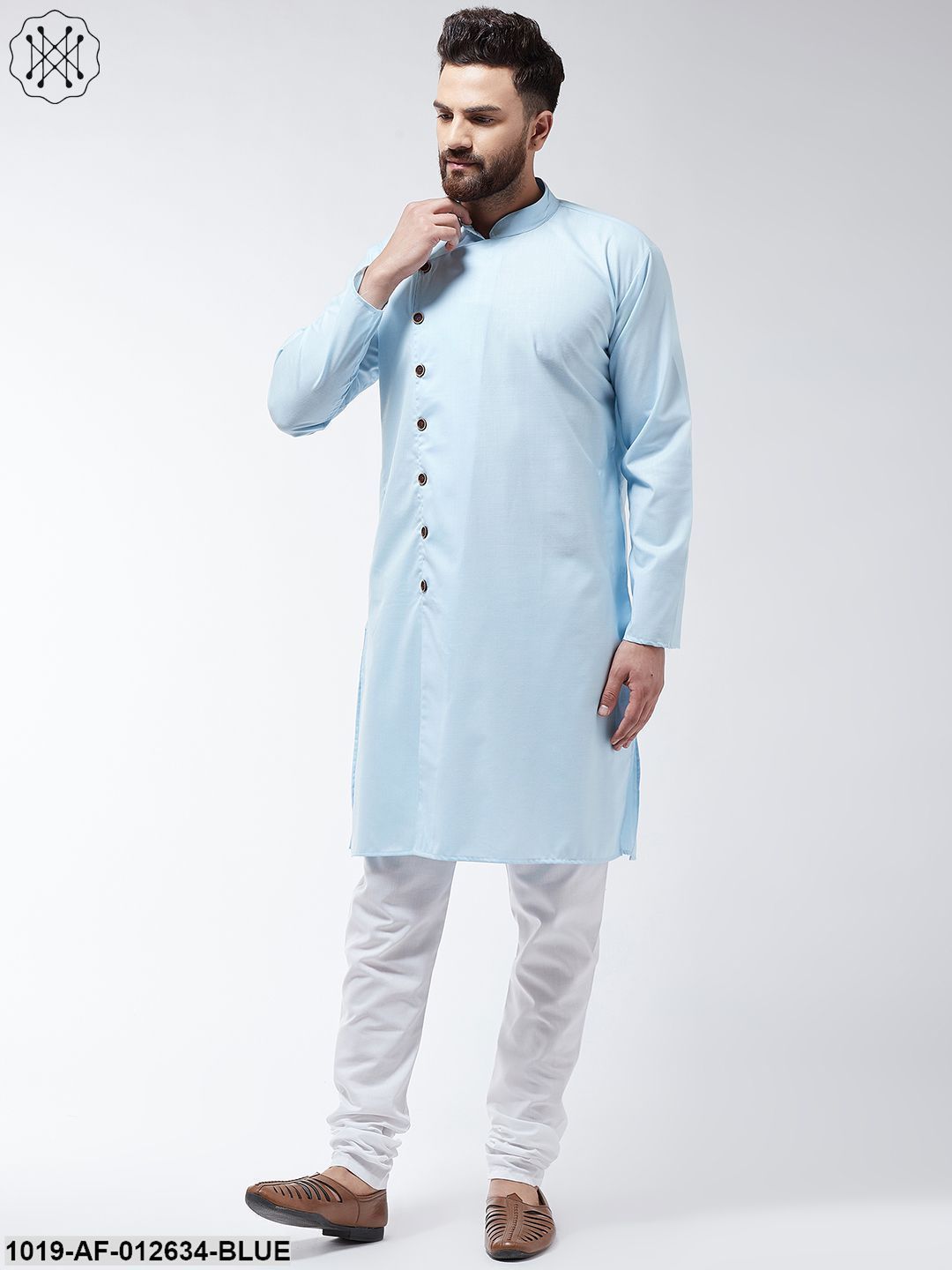Men's Cotton Sky Blue Solid Kurta & White Churidar Pyjama Set