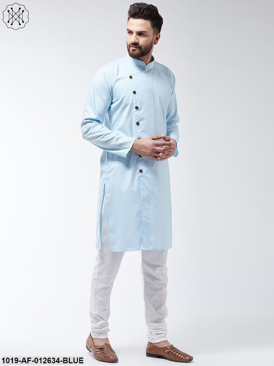 Men's Cotton Sky Blue Solid Kurta & White Churidar Pyjama Set