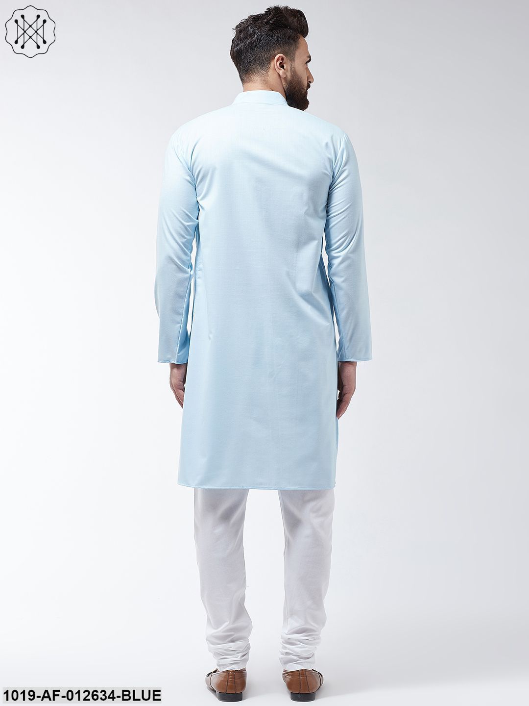 Men's Cotton Sky Blue Solid Kurta & White Churidar Pyjama Set