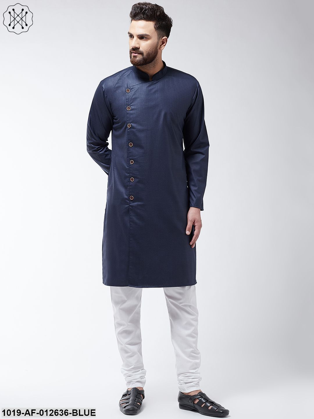 Men's Cotton Navy Blue Solid Kurta & White Churidar Pyjama Set