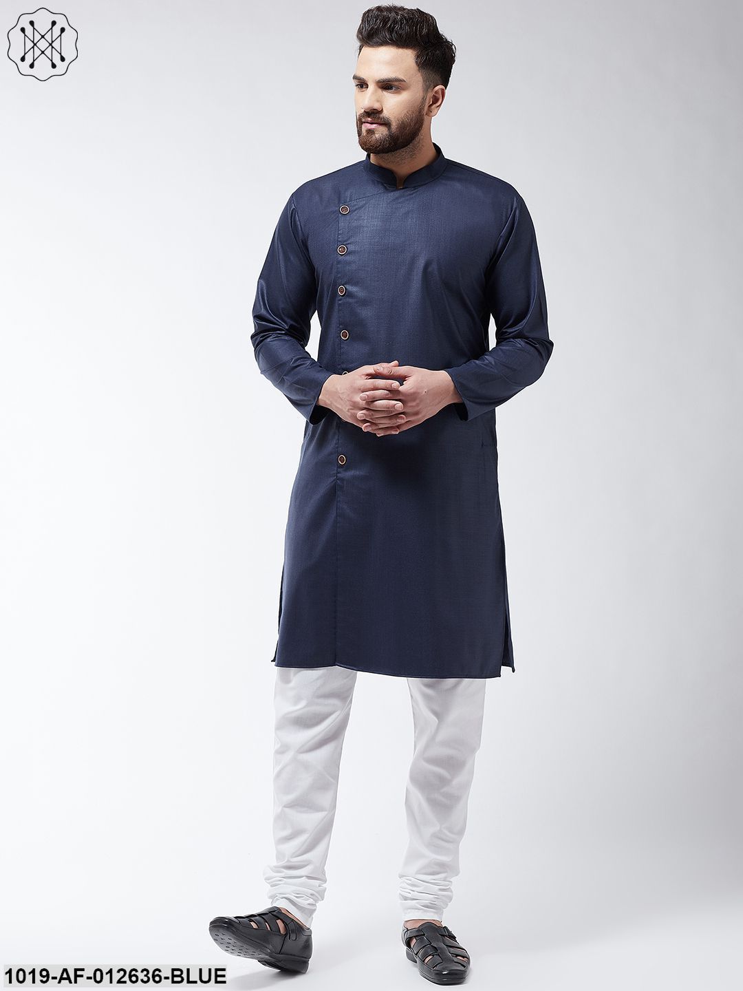 Men's Cotton Navy Blue Solid Kurta & White Churidar Pyjama Set