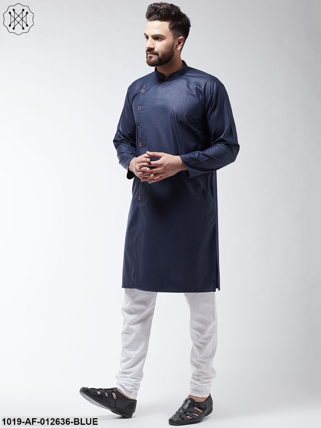 Men's Cotton Navy Blue Solid Kurta & White Churidar Pyjama Set