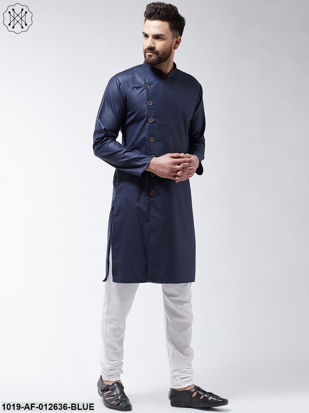 Men's Cotton Navy Blue Solid Kurta & White Churidar Pyjama Set