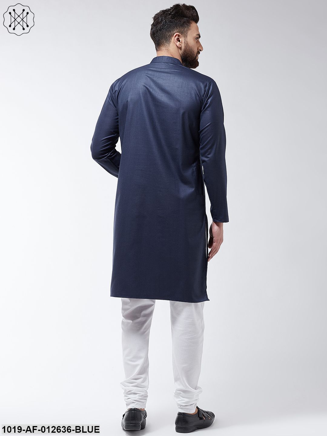 Men's Cotton Navy Blue Solid Kurta & White Churidar Pyjama Set
