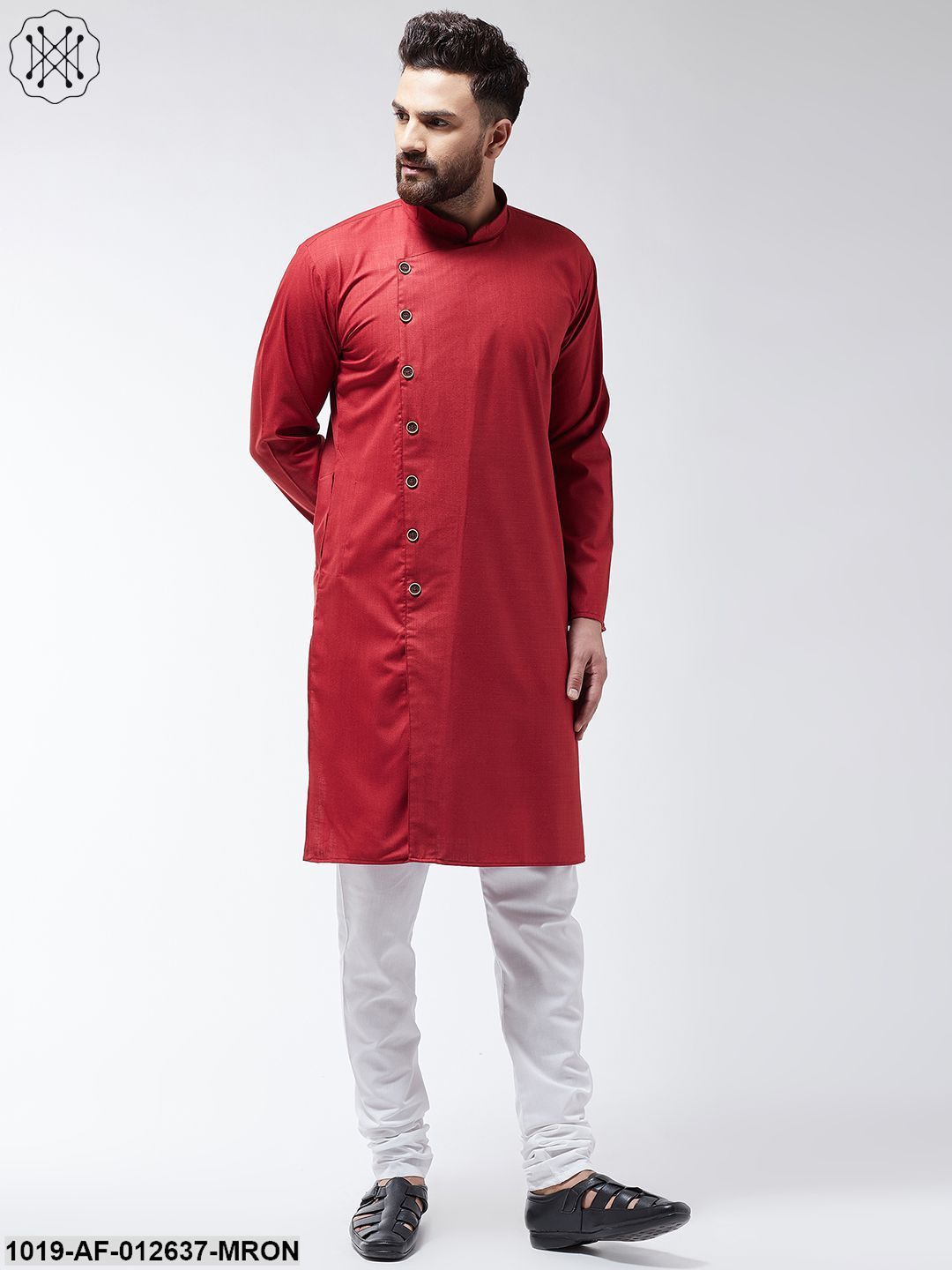 Men's Cotton Maroon Solid Kurta & White Churidar Pyjama Set
