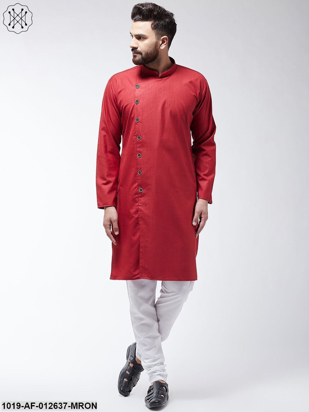 Men's Cotton Maroon Solid Kurta & White Churidar Pyjama Set